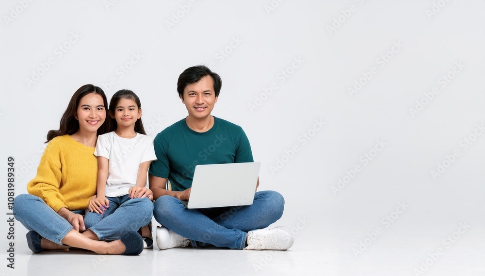 Obraz premium Joyful Parents and Child Engaged in Online Study with Laptop at Home