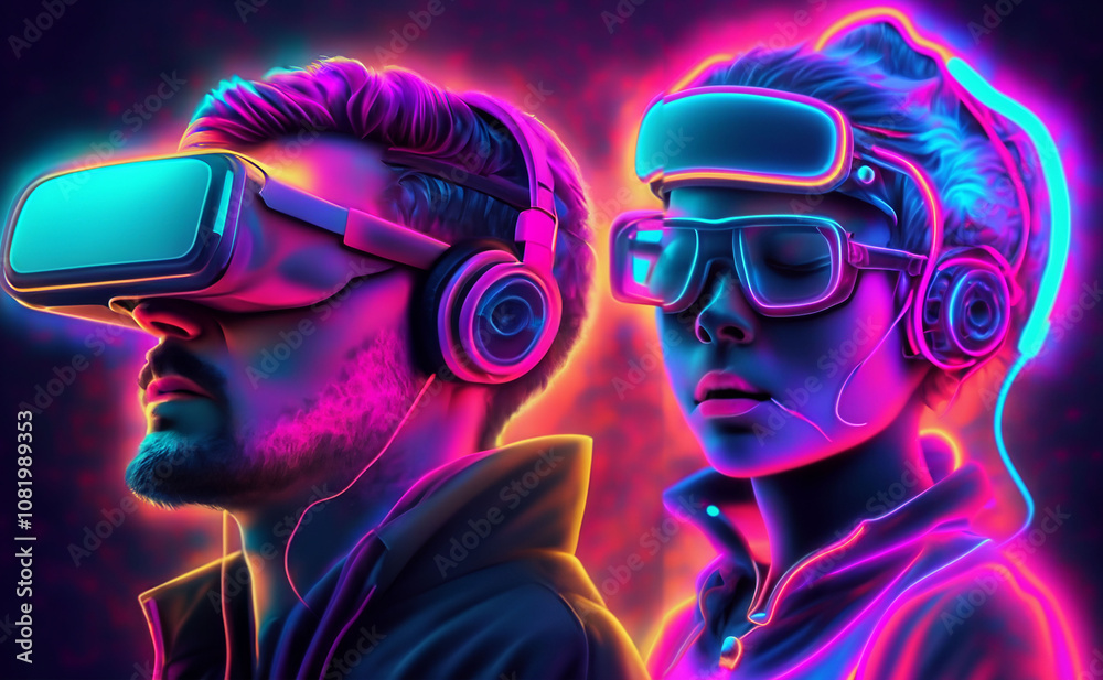 3d abstract representatives of new generation young people man and woman with headphones and virtual reality headset neon purple blue orange colourful silhouettes in the night 3d abstract representatives of new generation young people man and woman with headphones and virtual reality headset neon purple blue orange colourful silhouettes in the night