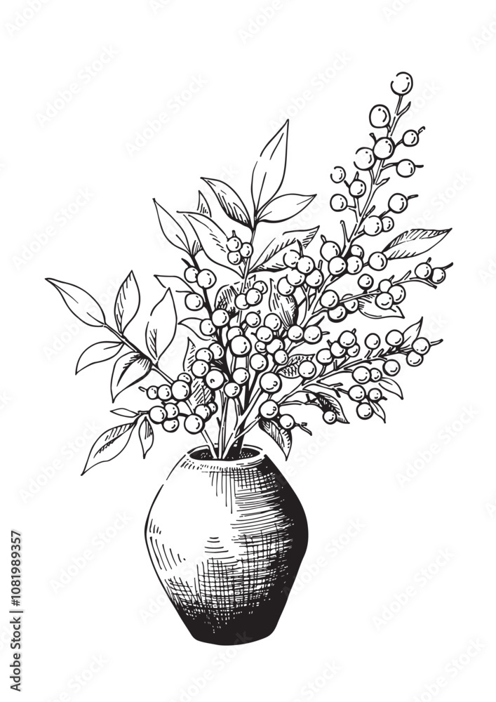 白黒の手描き風ベクター植物イラスト 花瓶に入った木の実の枝葉
