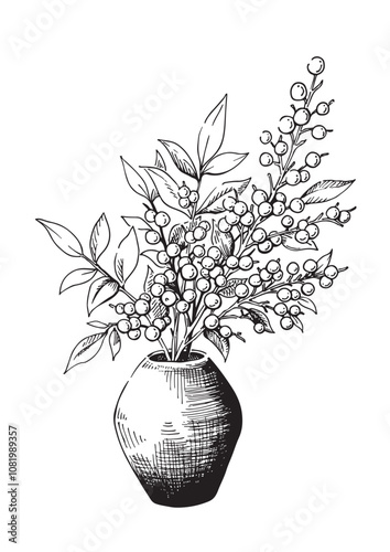Obraz na płótnie 白黒の手描き風ベクター植物イラスト 花瓶に入った木の実の枝葉 w salonie
