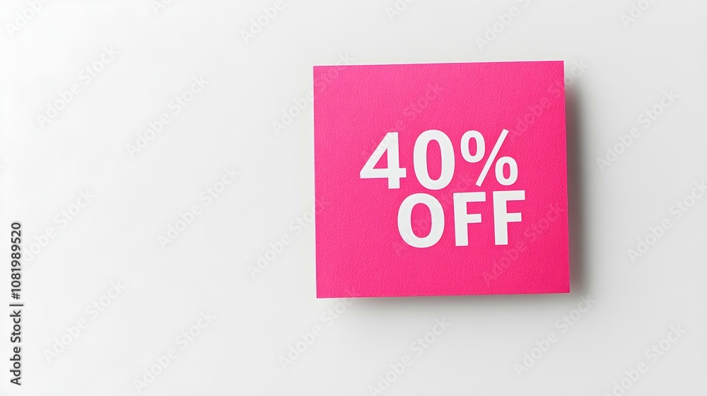 White '40% OFF' Text on a Pink Square Paper Note. White Background with Copy Space White '40% OFF' Text on a Pink Square Paper Note. White Background with Copy Space