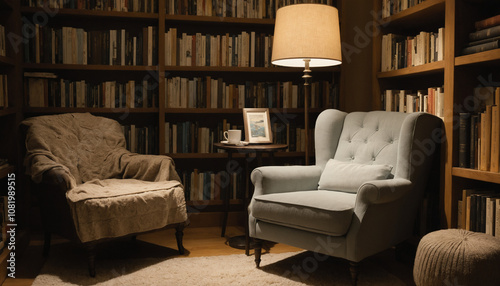 A cozy reading nook with two armchairs, a floor lamp, and bookshelves filled with books. The room features a warm and inviting atmosphere, perfect for curling up with a good book.