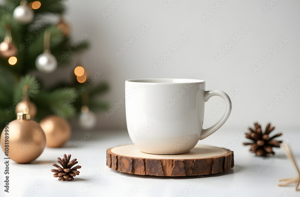 White cup on a wooden background with fir branches close-up front view. Mockup for design, template for logo with copy space. White cup on a wooden background with fir branches close-up front view. Mockup for design, template for logo with copy space.
