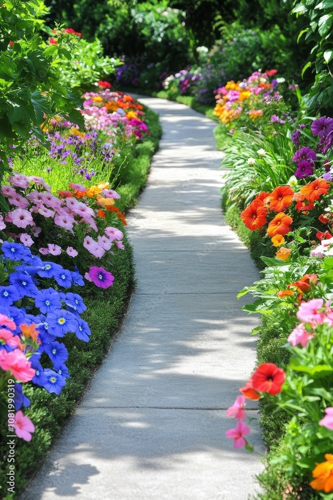 A garden path lined with colorful flowers. A garden path lined with colorful flowers.