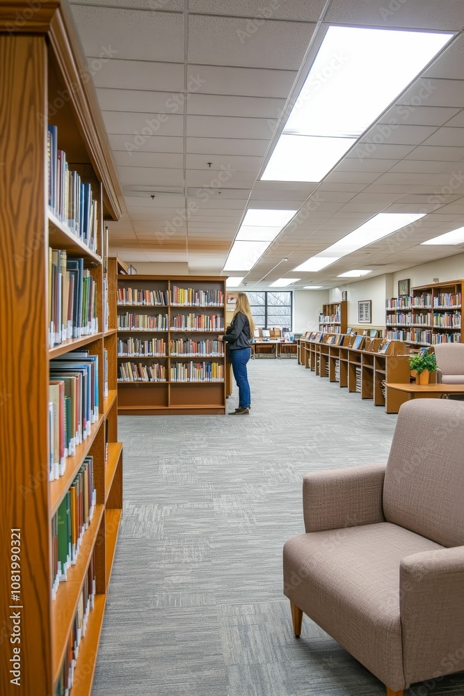 Woman browsing books in a library. Woman browsing books in a library.