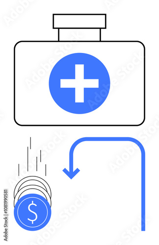 Medical first aid box with cross symbol, falling coins with dollar signs, and an arrow. Ideal for healthcare funding, charity drives, financial aid, medical savings, emergency funds, health