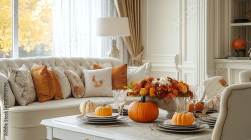 Elegant Living Room with Pumpkin and Flower Decorations for Thanksgiving photo
