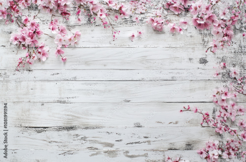 Fototapeta premium Charming Floral Arrangement with Delicate Pink Cherry Blossoms on Rustic White Wooden Background for Elegant Spring or Wedding Decor