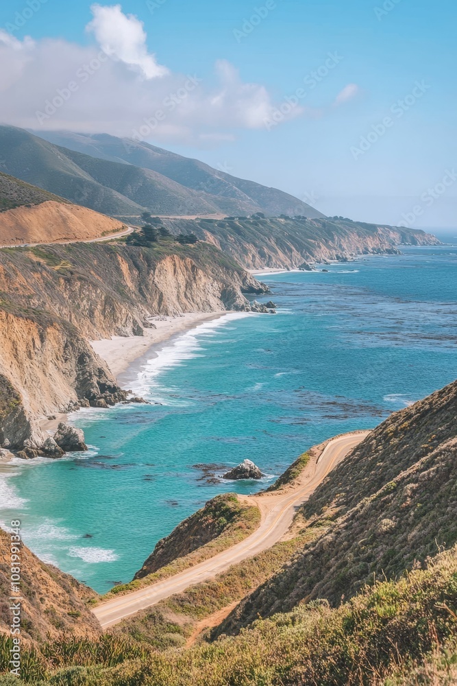 Coastal road curves through rugged cliffs. Coastal road curves through rugged cliffs.