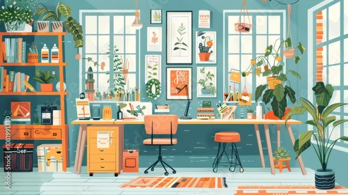 A colorful and well-lit home office with a desk, chair, shelves, plants, and windows.