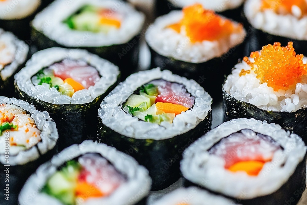 Assorted Sushi Rolls and Nigiri with Salmon and Vegetables. Assorted Sushi Rolls and Nigiri with Salmon and Vegetables.