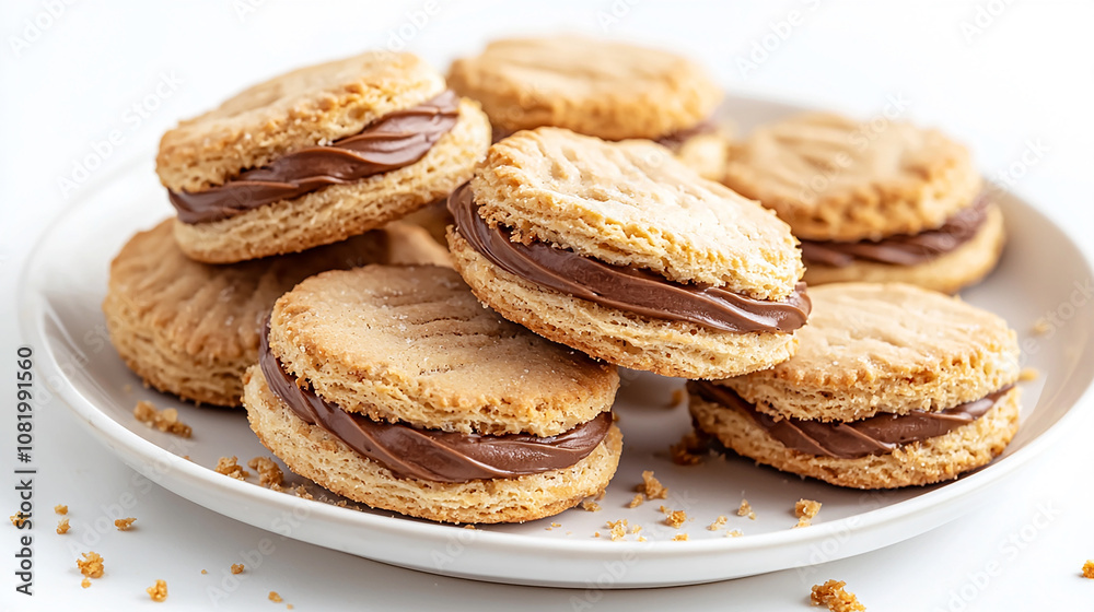 Stack of golden biscuits, chocolate filling spilling slightly Stack of golden biscuits, chocolate filling spilling slightly
