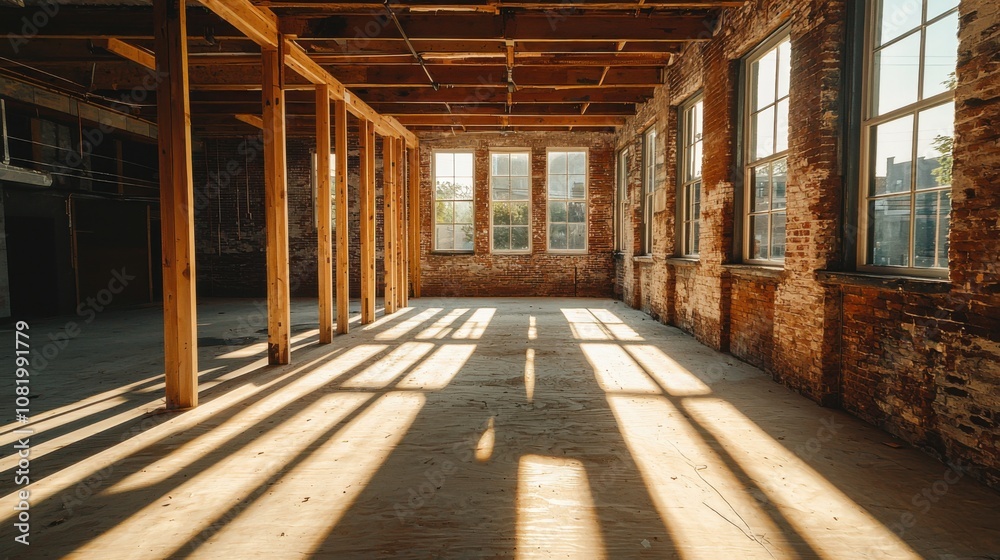 Bright Industrial Space with Wooden Beams and Shadows Bright Industrial Space with Wooden Beams and Shadows