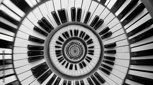 A unique abstract spiral piano keyboard resembling an endless staircase Blackandwhite piano keys arranged in a circular repetitive pattern as a musicthemed design photo