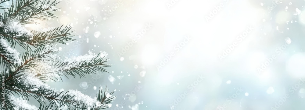 Blurred Snowy Background with Christmas Tree Branches Blurred Snowy Background with Christmas Tree Branches