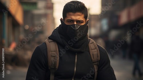 Latino man wearing mask in cinematic style photo, f/1.8, stock image 44557eec