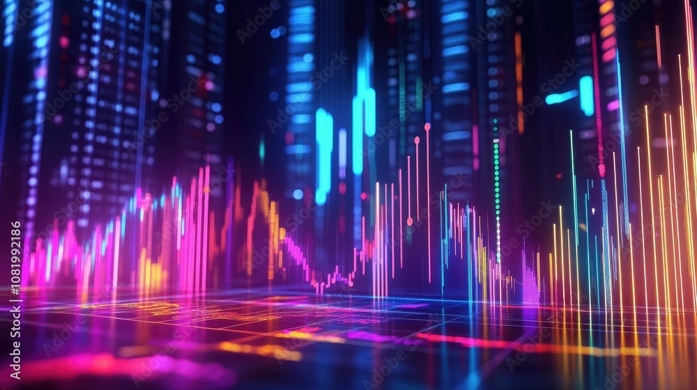 Abstract depiction of financial graphs and charts in neon colors Abstract depiction of financial graphs and charts in neon colors
