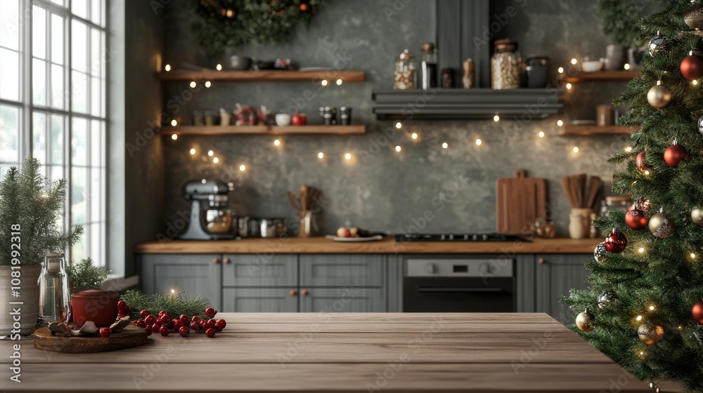 Holiday Cooking Scene: Empty Wooden Table and Festive Christmas Tree