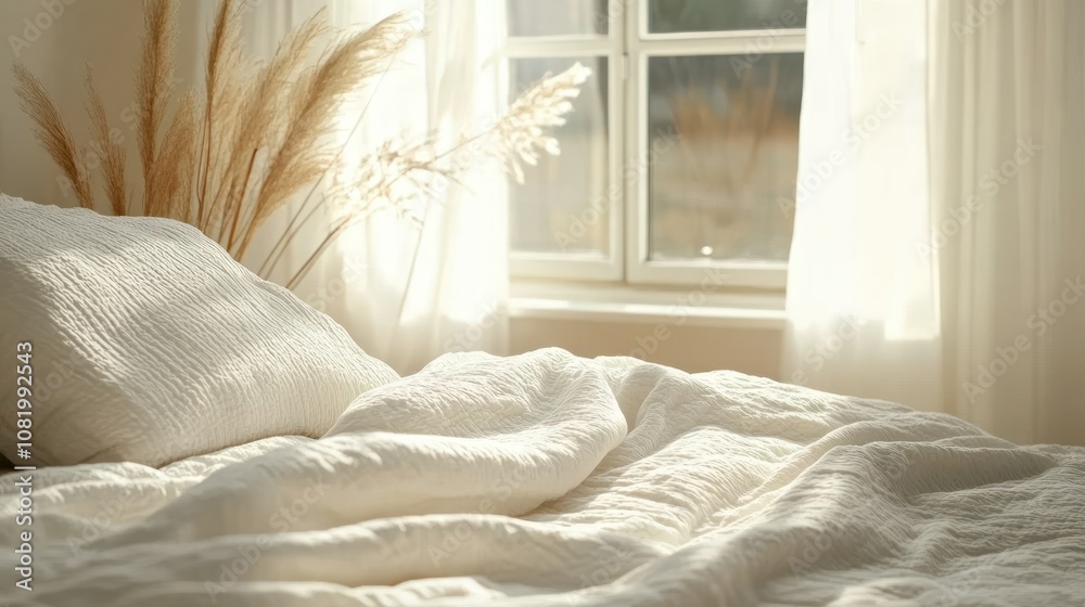 White Bedding with Pampas Grass and Sunlight Streaming Through Window White Bedding with Pampas Grass and Sunlight Streaming Through Window