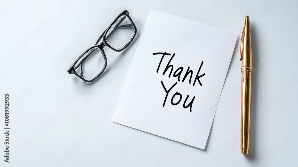 Handwritten Thank You Note with Pen and Glasses on White Table