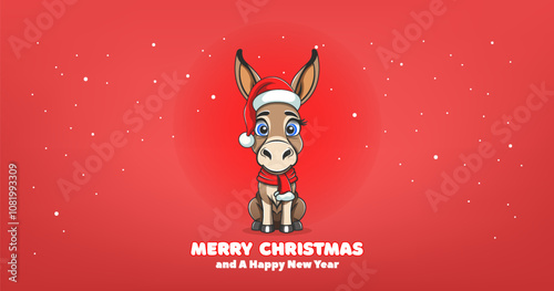 Vector cartoon cute funny kawaii kind sitting little donkey baby. Friendly domesticated pet. Big eared and big eyed toon animal.