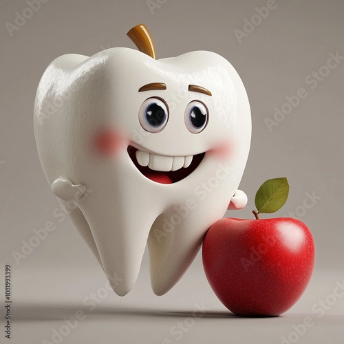  Tooth Character with Red Apple. photo