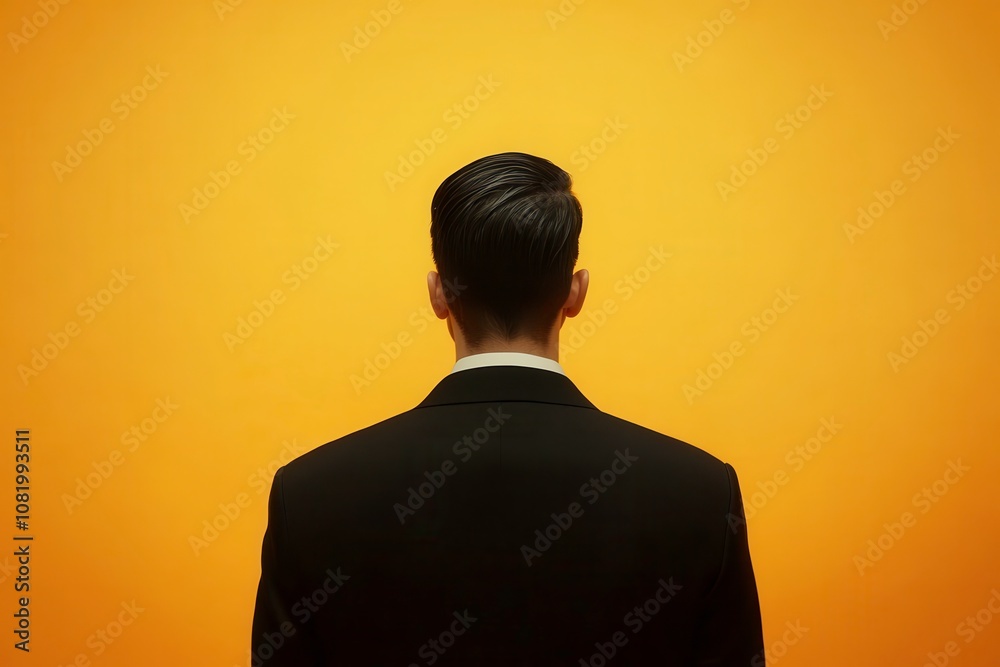 Elegant Man in Suit Facing Bright Yellow Background, Capturing a Moment of Contemplation and Professionalism with Clean Lines and Minimalist Style Elegant Man in Suit Facing Bright Yellow Background, Capturing a Moment of Contemplation and Professionalism with Clean Lines and Minimalist Style