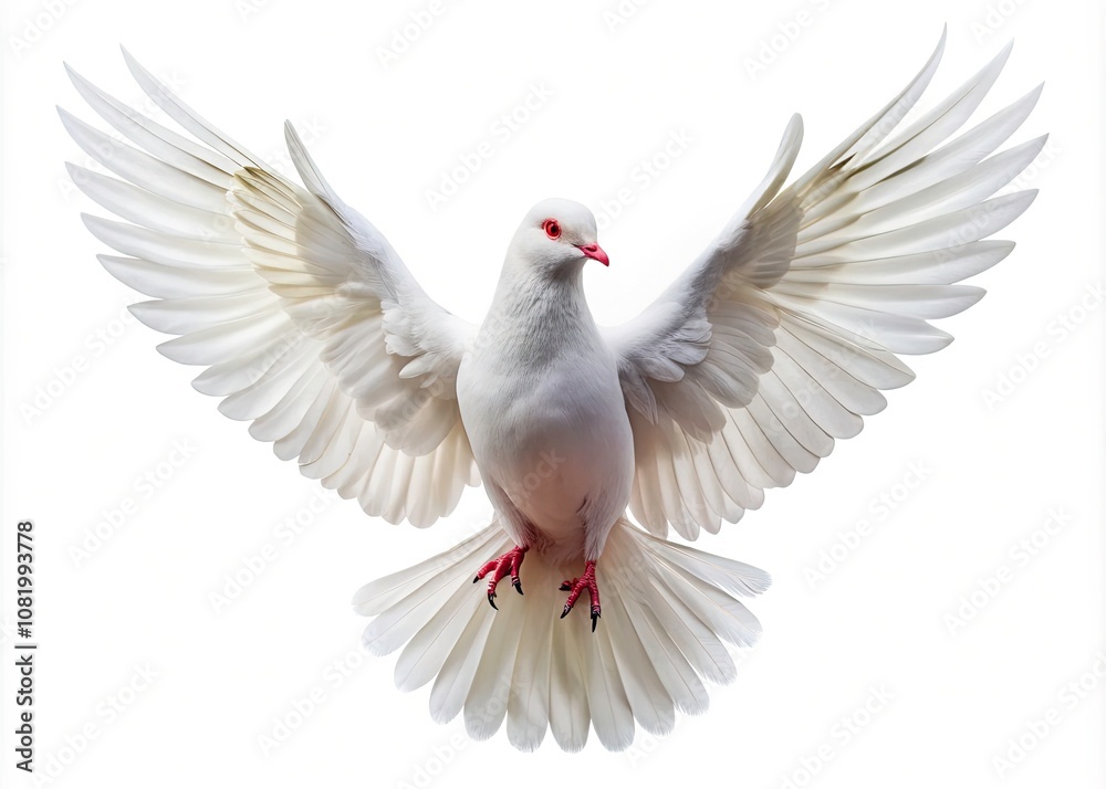 Fototapeta premium Serene White Dove in Flight - Captivating Drone Photography of a Dove Soaring Against a Pure White Background