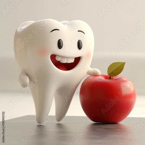  Tooth Character with Red Apple. photo