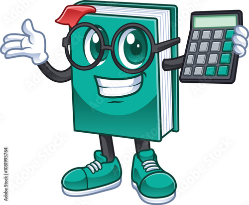 friendly book cartoon character holding calculator