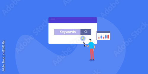 Keyword research program, people with magnifier inspects search competition data SEO concept.
