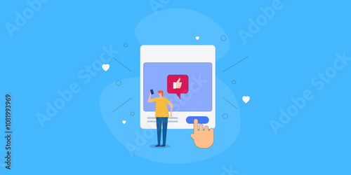 Social media user press like button on mobile post. Vector illustration web banner.