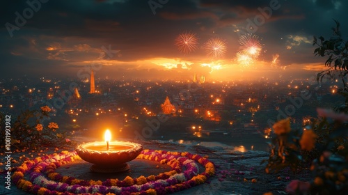 Traditional diya with vibrant festive decor in the foreground photo