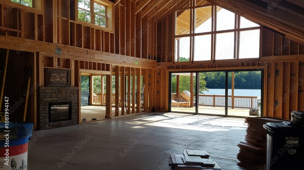 Modern Cabin Interior with Lake View Under Construction Modern Cabin Interior with Lake View Under Construction