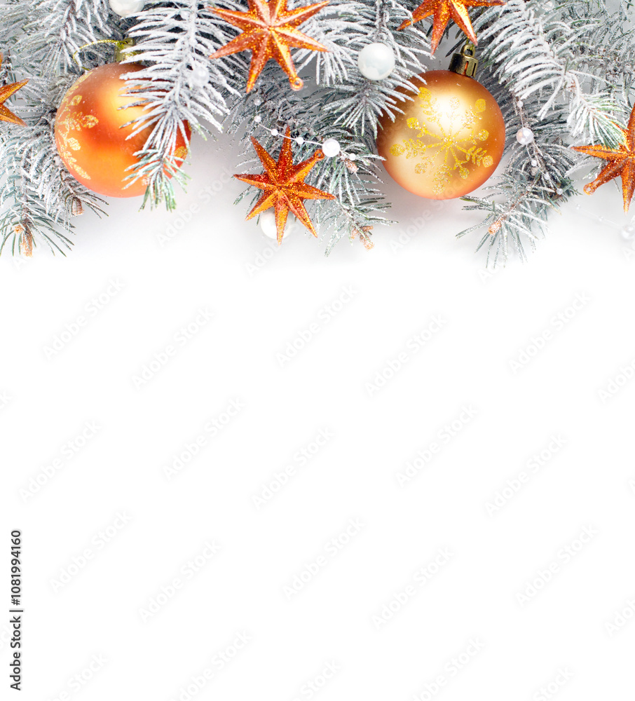 Christmas tree branches with  decorations isolated  on white background. Flat lay..Christmas and New Year background ..