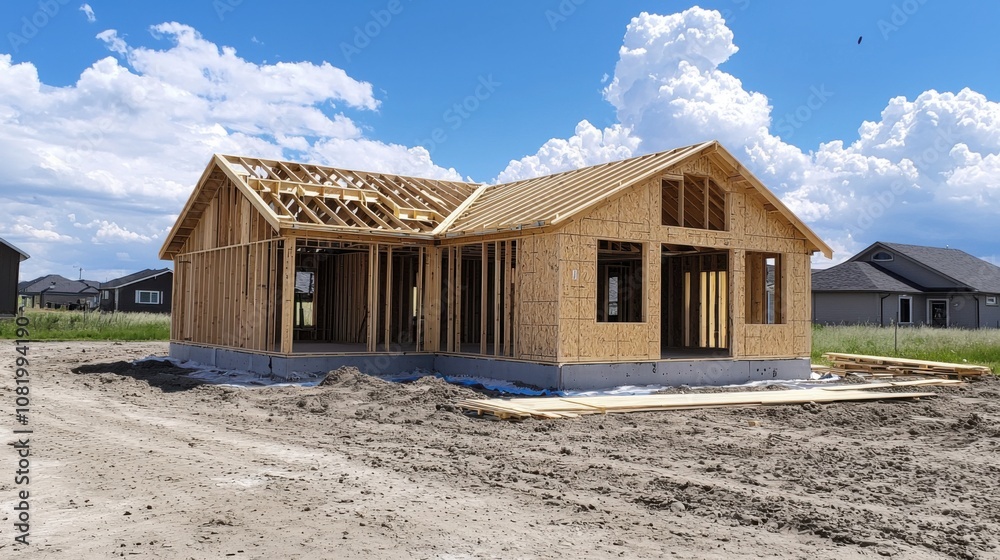 Modern Home Under Construction in Clear Blue Sky Modern Home Under Construction in Clear Blue Sky