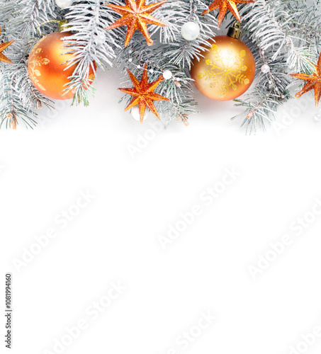 Obraz na płótnie Christmas tree branches with decorations isolated on white background. Flat lay..Christmas and New Year background .. w salonie
