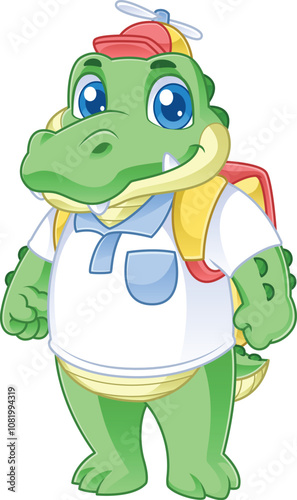 cute crocodile cartoon character wearing a propeller hat and carrying a bag standing on both legs
