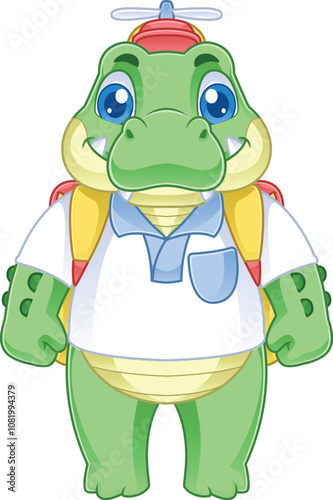 cute crocodile cartoon character wearing a propeller hat and carrying a bag facing forward