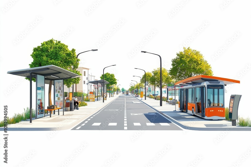 Fototapeta premium Bus stop on a sunny street with trees.