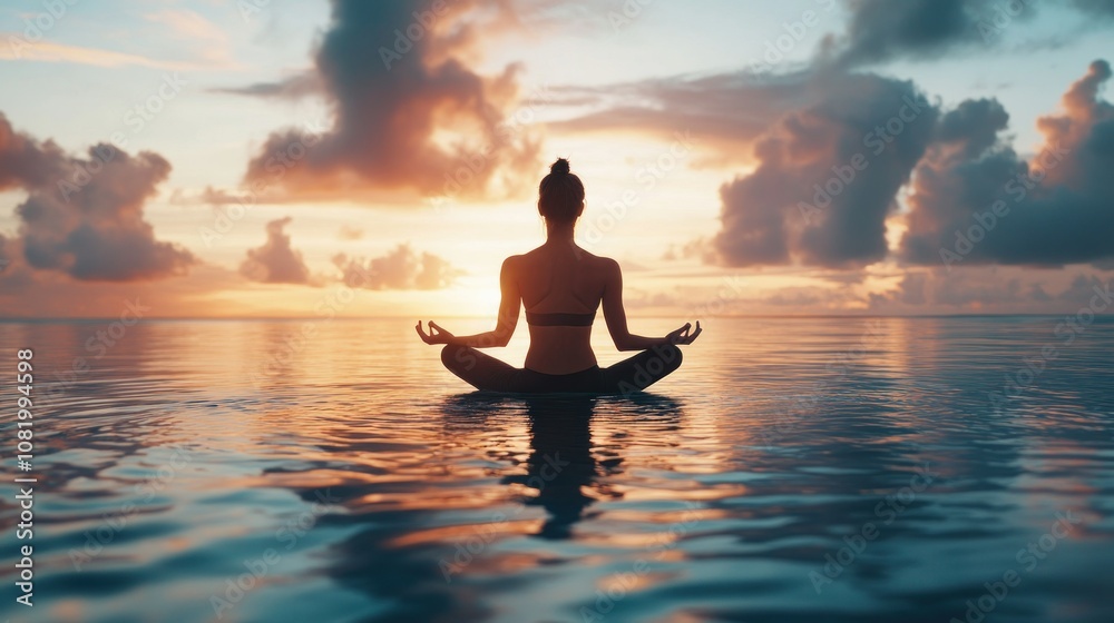 Woman in Lotus Position Meditating on Calm Ocean at Sunset Woman in Lotus Position Meditating on Calm Ocean at Sunset