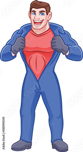 cartoon character mechanic man undressing like superhero