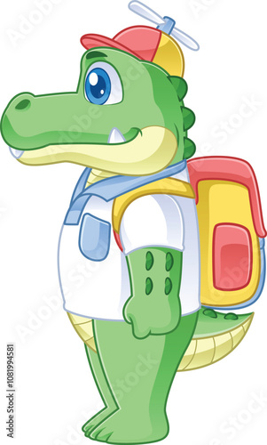 cute crocodile cartoon character wearing a propeller hat and carrying a bag facing sideways