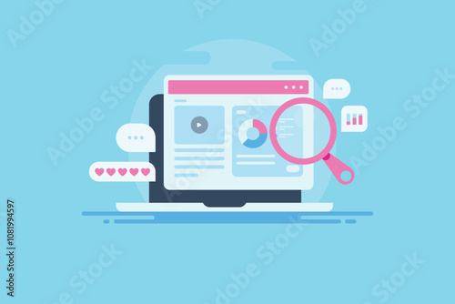 Website with content analytics, user demographic chart and SEO marketing concept, vector illustration.