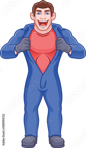 cartoon character mechanic man undressing like superhero
