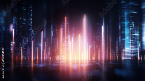 Futuristic cityscape with glowing vertical lights and reflections, creating vibrant atmosphere. scene evokes sense of advanced technology and innovation