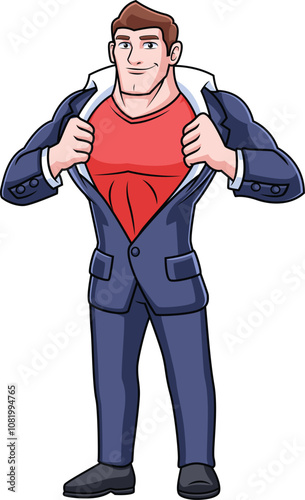 cartoon character male office worker undressing like superhero
