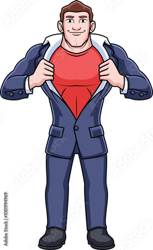 cartoon character male office worker undressing like superhero
