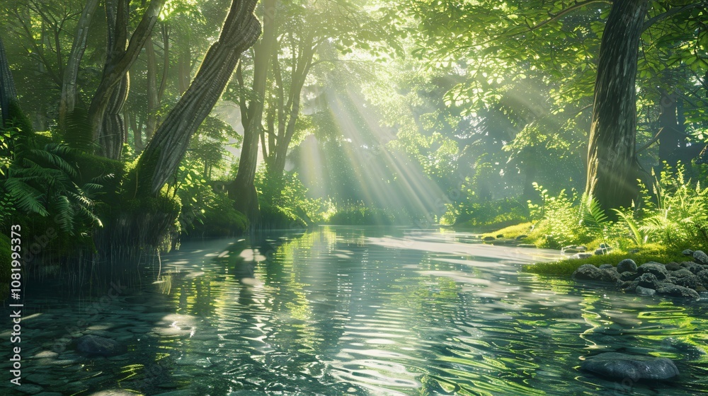 Obraz premium A Scene of Sunrays Passing Through Trees