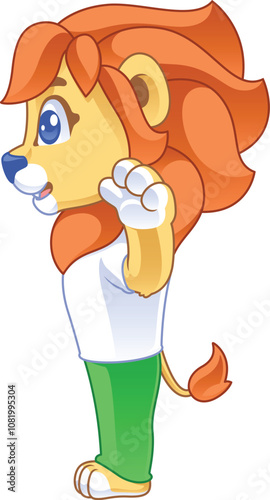 cute lion cartoon character facing sideways raising both hands